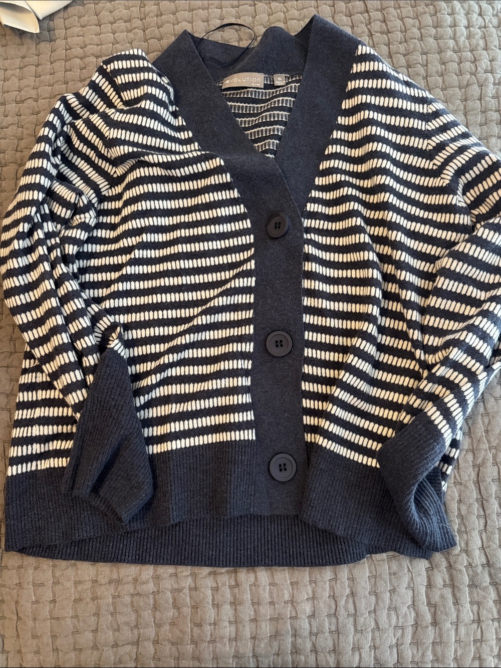 Revolution Navy & White Striped V‑Neck Button Cardigan